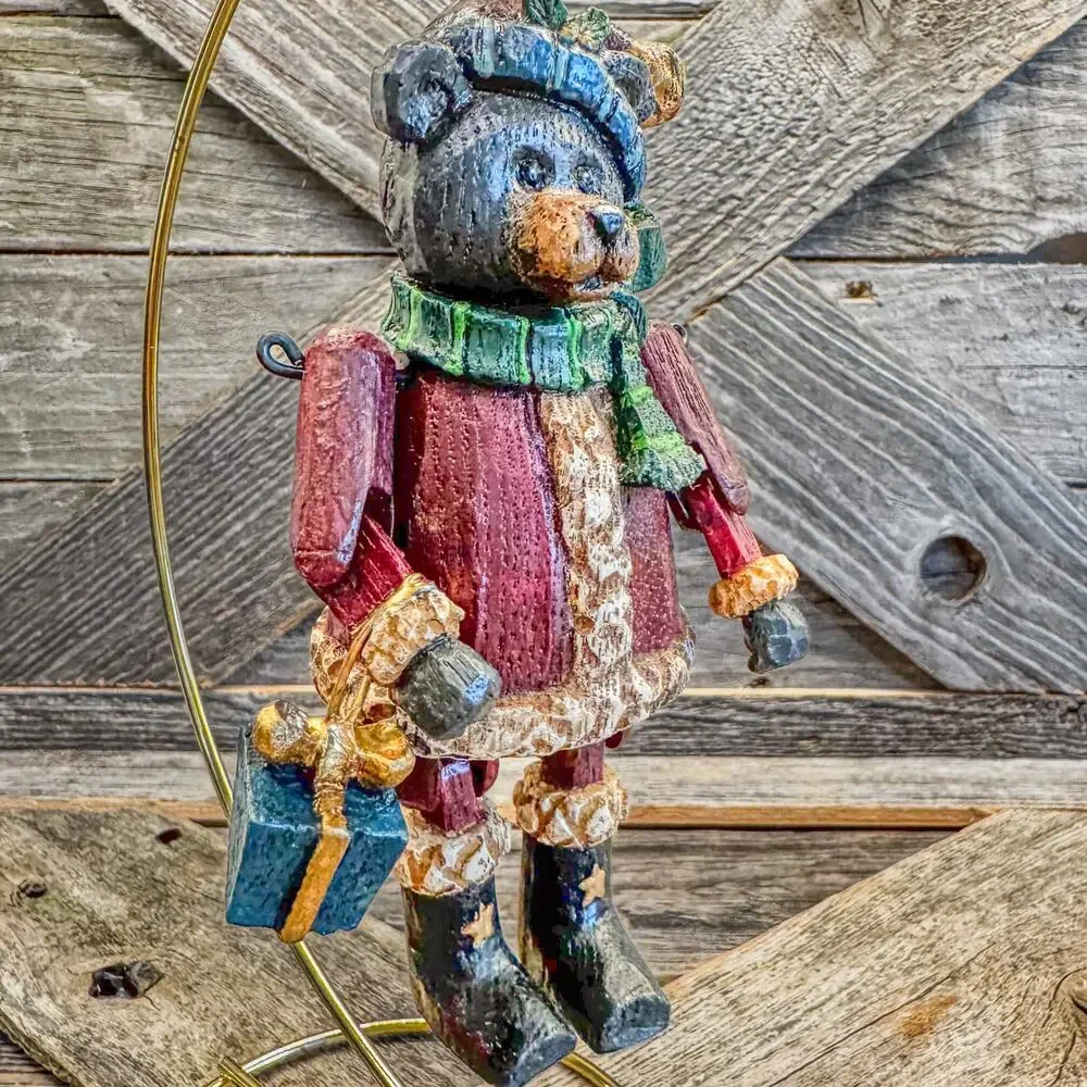 Pair of Vintage Woodlook Ornaments-Santa Bear and Christmas Penguin-Original Box